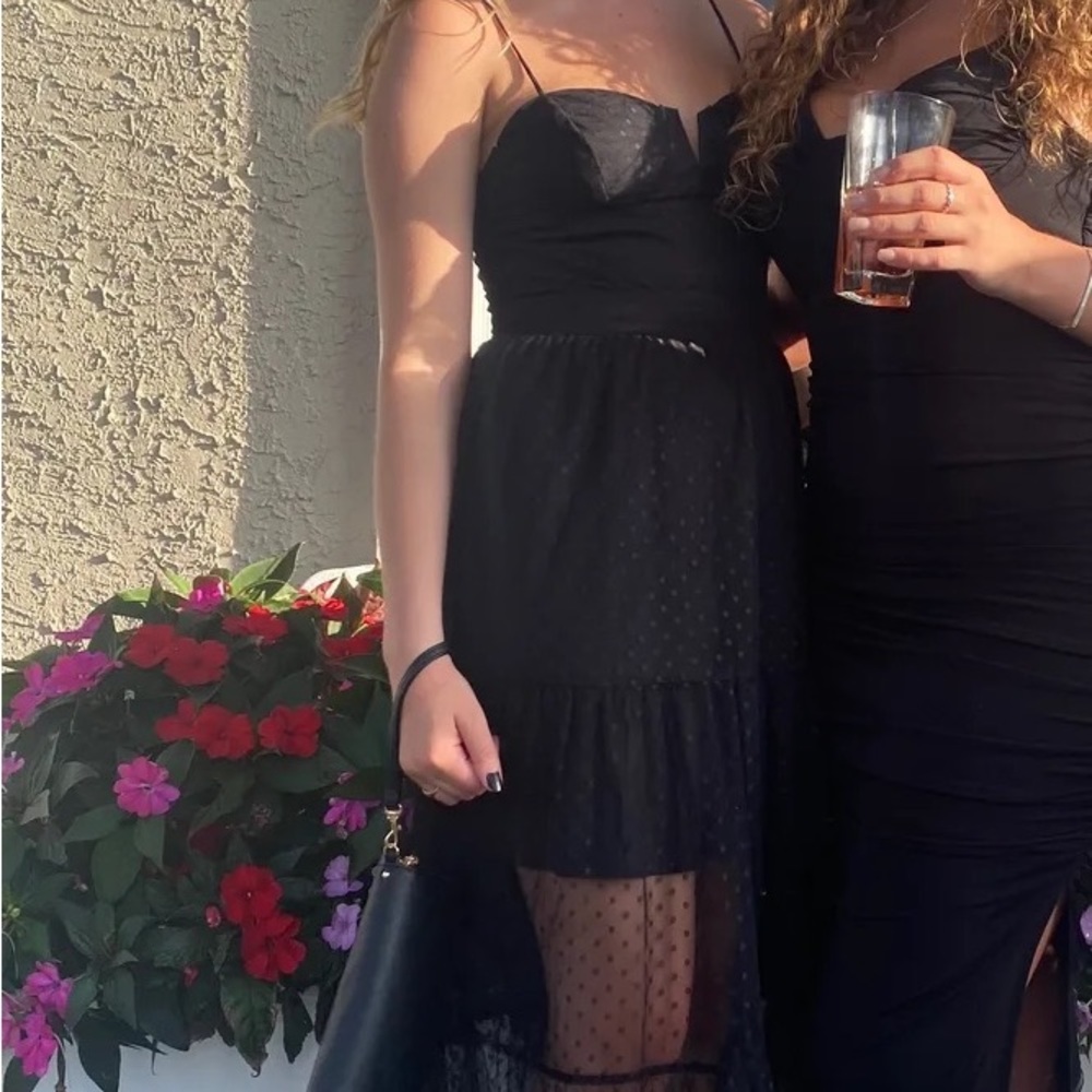 NWOT Lulus Romantic Spot Black Polka Dot Mesh Tiered Midi Dress - Picture 14 of 15